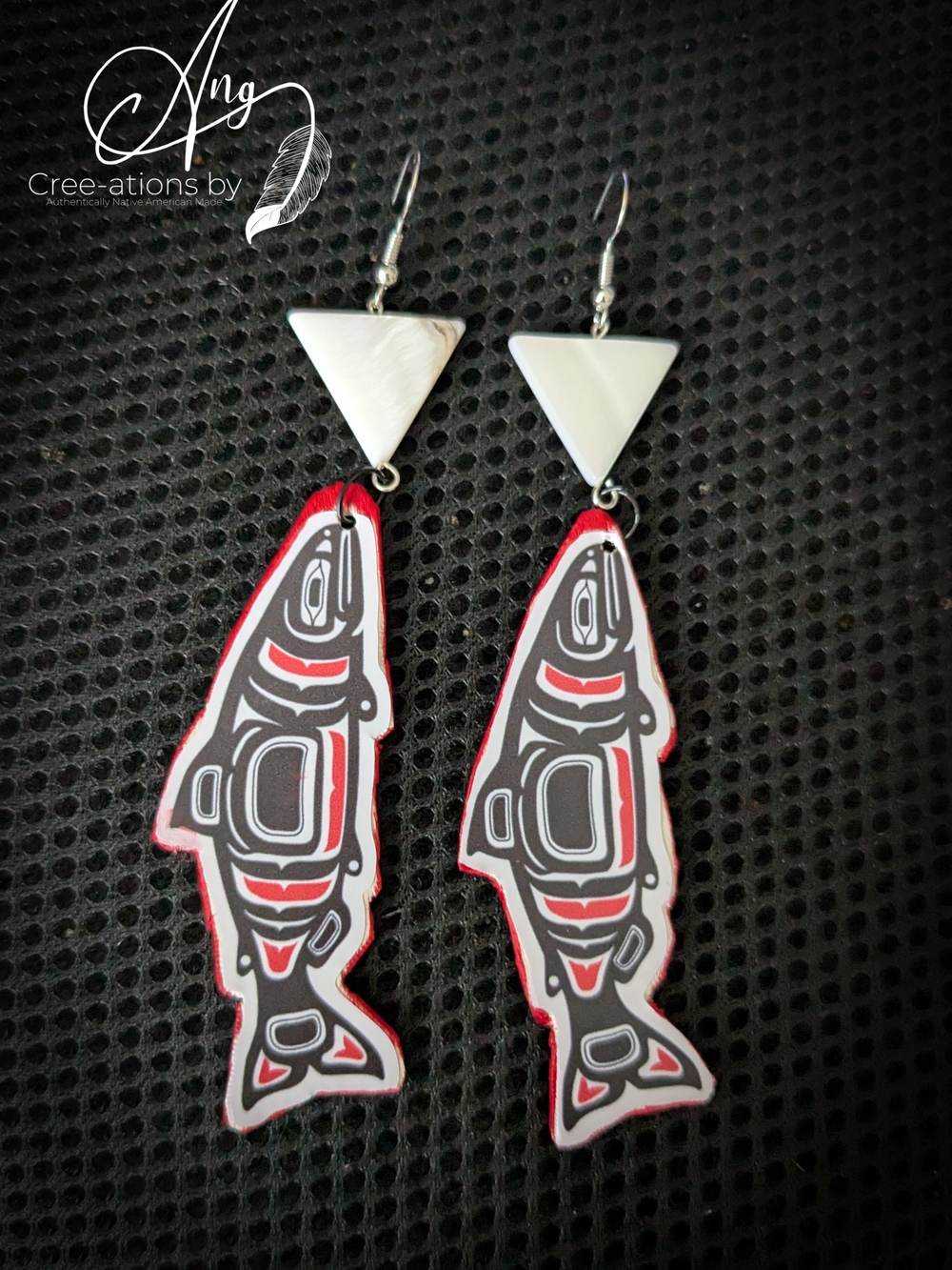 Pacific Northwest Tribal Salmon Earrings with Triangular Freshwater Shells